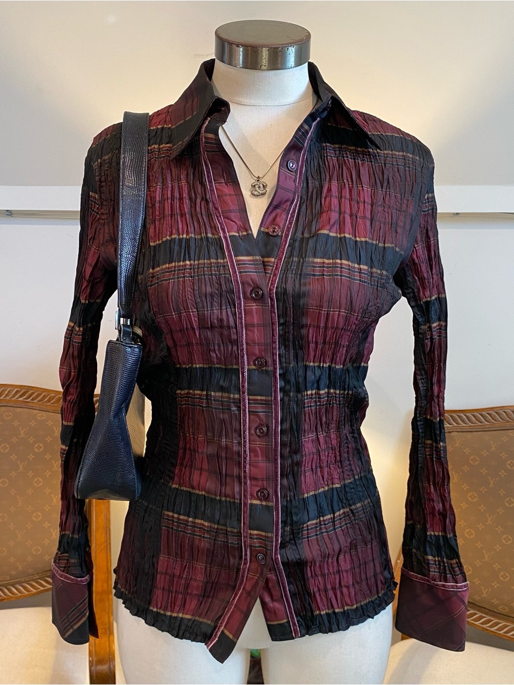 Vintage Y2K Cache Burgundy Crinkle Plaid Button-Down Shirt S Office Workwear